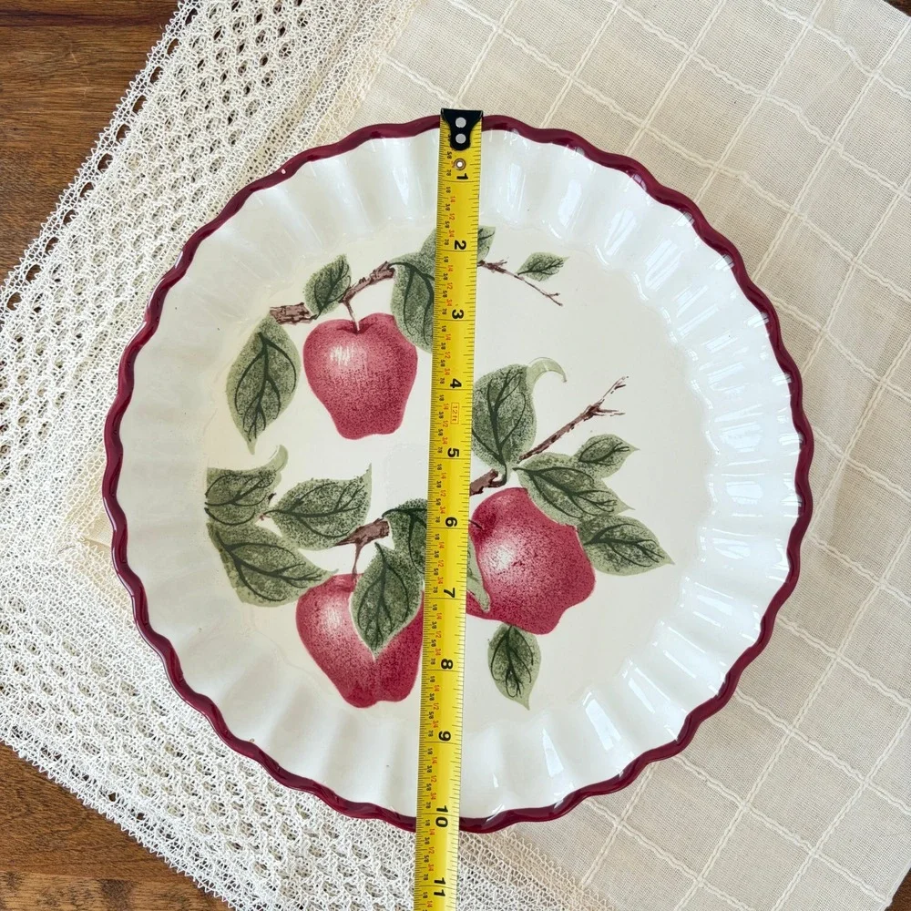 Vintage Ceramic Apple Orchard Fluted Tart Pan Quiche Dish Red Burgundy 10 Inch